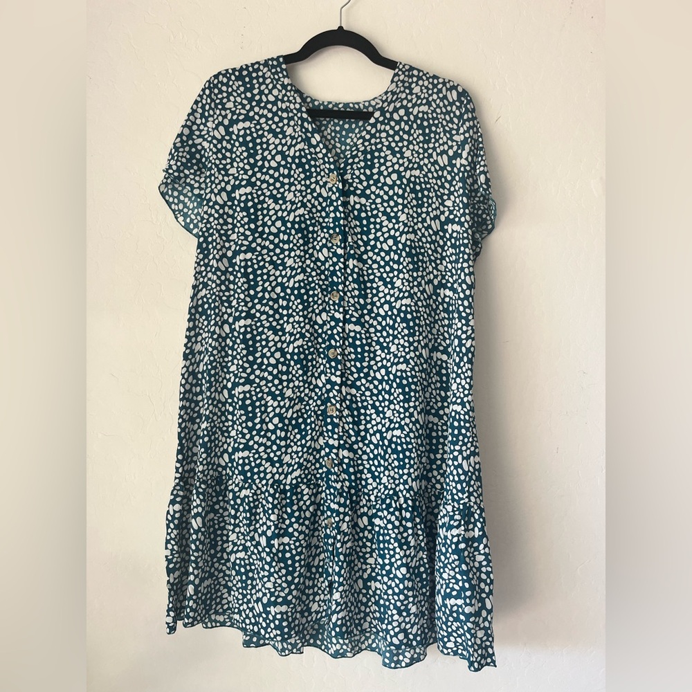 Teal Polka Dot Button-Down Women's Dress
